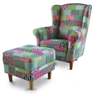 Křeslo ušák s taburetem, látka patchwork M1, ASTRID - TempoKondela