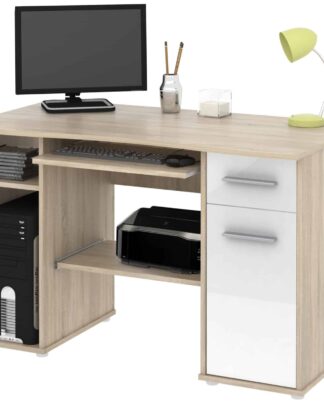 Kancelářský PC stůl SAMUEL, dub sonoma/bílý lesk