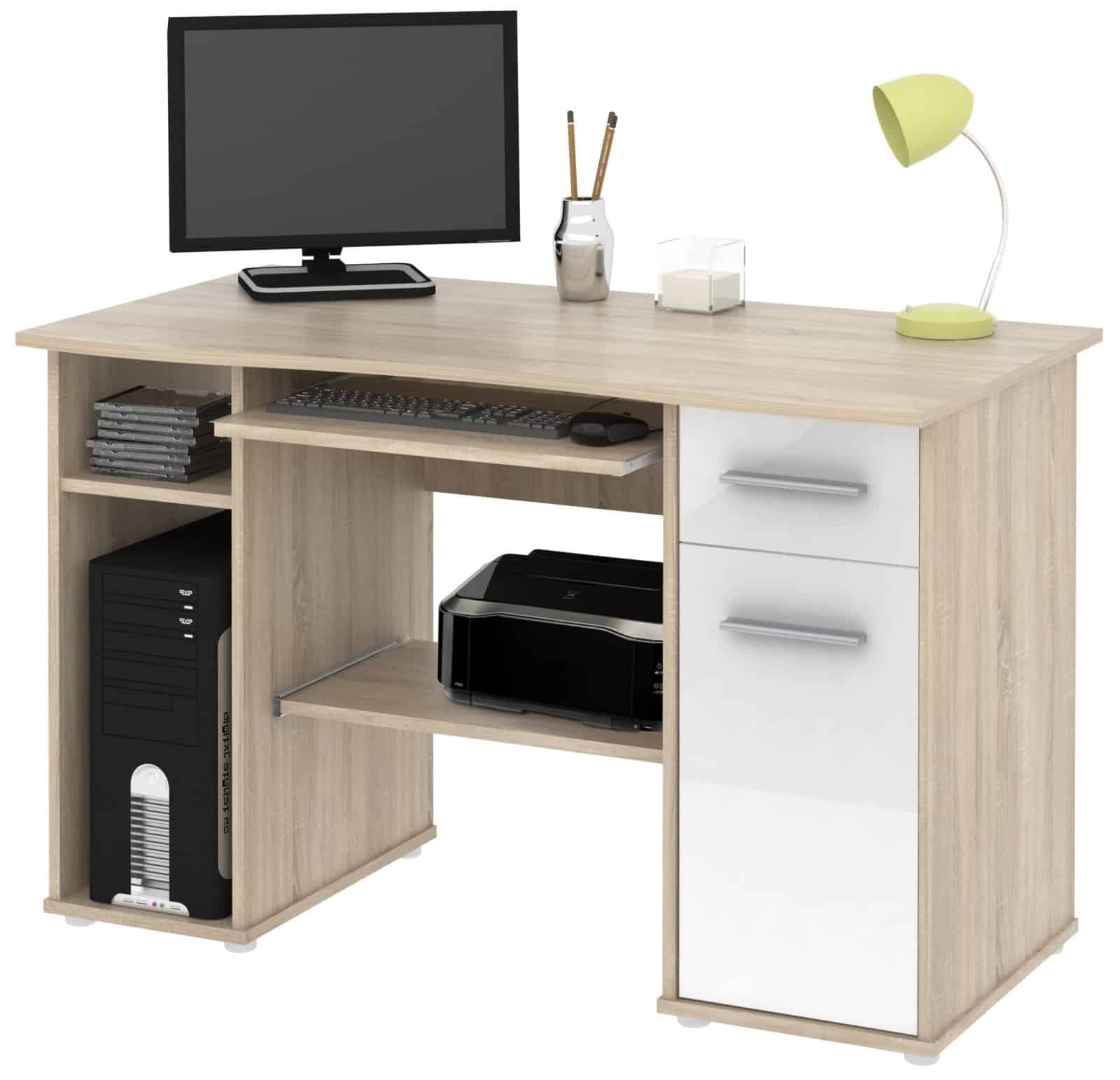 Kancelářský PC stůl SAMUEL, dub sonoma/bílý lesk