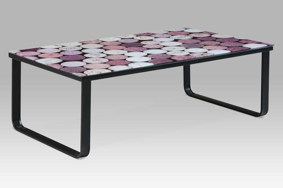 Konferenční stolek 105x55x32, sklo s potiskem "korek"/černá, CT-1010 CORK