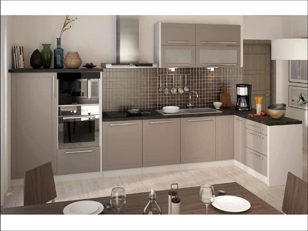 Rohová kuchyně QUANTUM, vzorová sestava, beige mat/grey