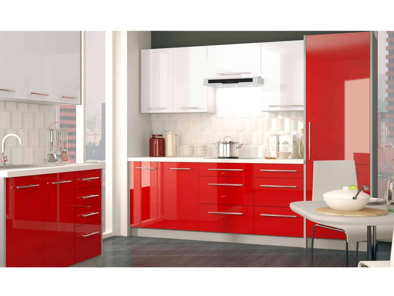 Rohová kuchyně PLATINUM 370 cm, korpus grey, dvířka white + rose red