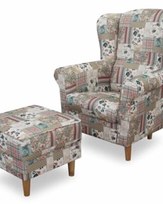 Křeslo ušák ASTRID s taburetem, látka patchwork Viorica 1