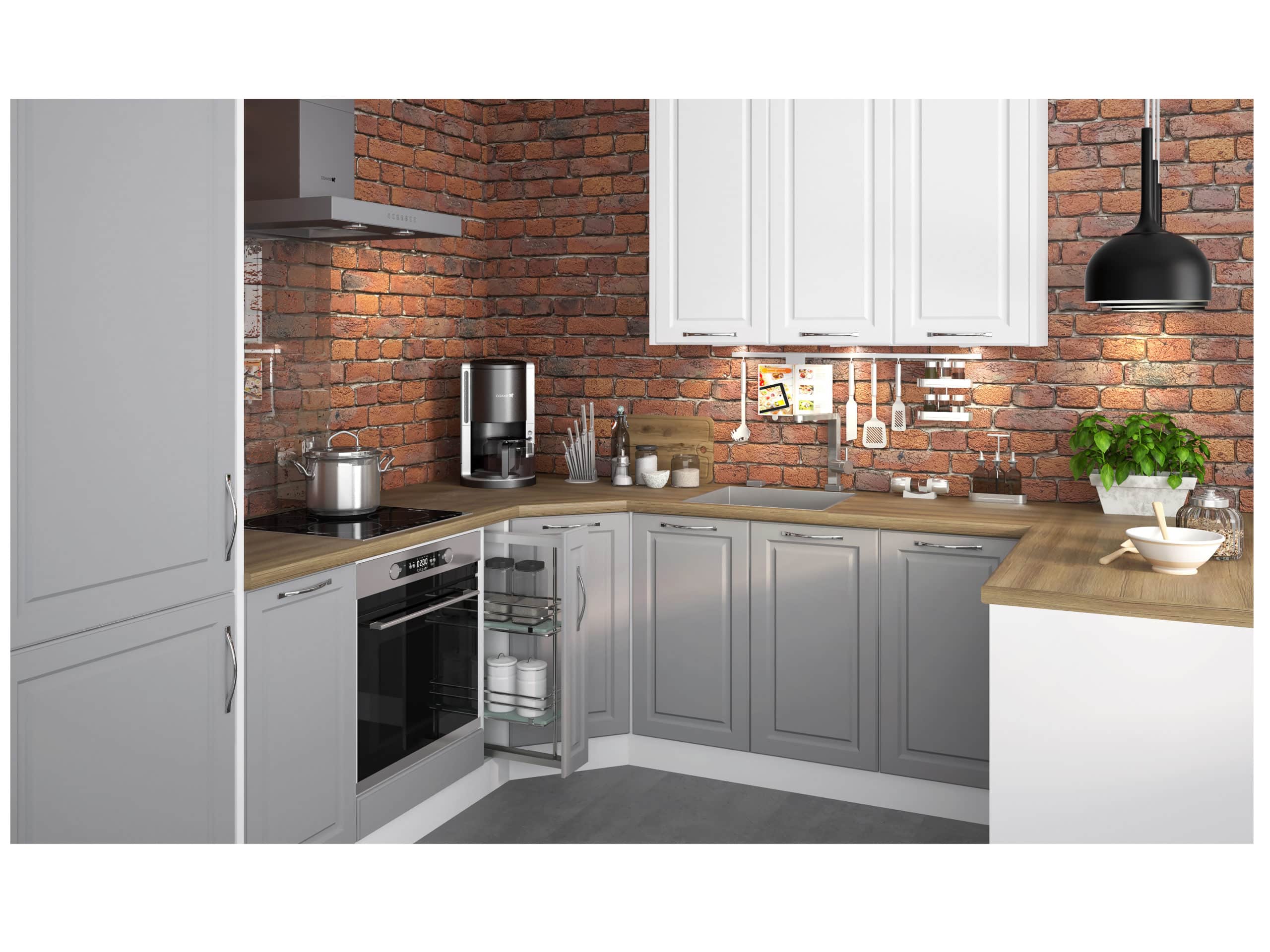 Rohová kuchyně EMPORIUM 120/475 cm, korpus bílý, dvířka grey stone + white