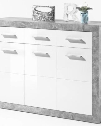 SLONE 2 komoda 3Z + 3D, beton / bílý lesk