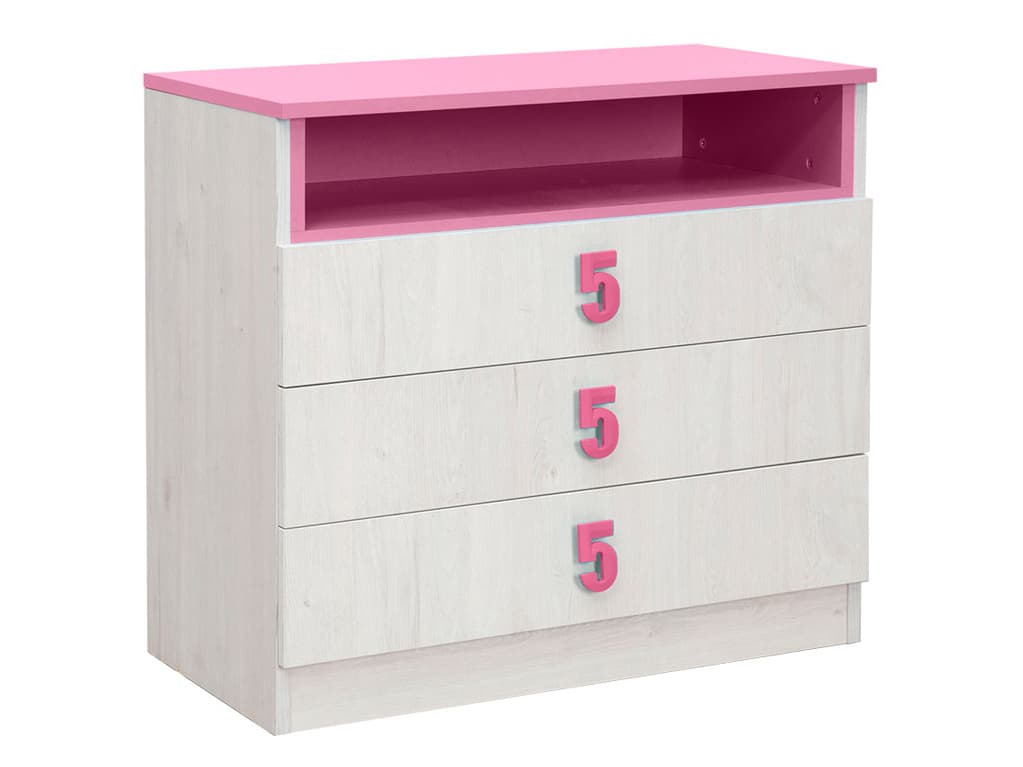 NUMERO komoda 3F, dub bílý / růžová