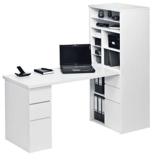 Psací stůl s úložným regálem Minioffice 9562, bílý/bílý lesk