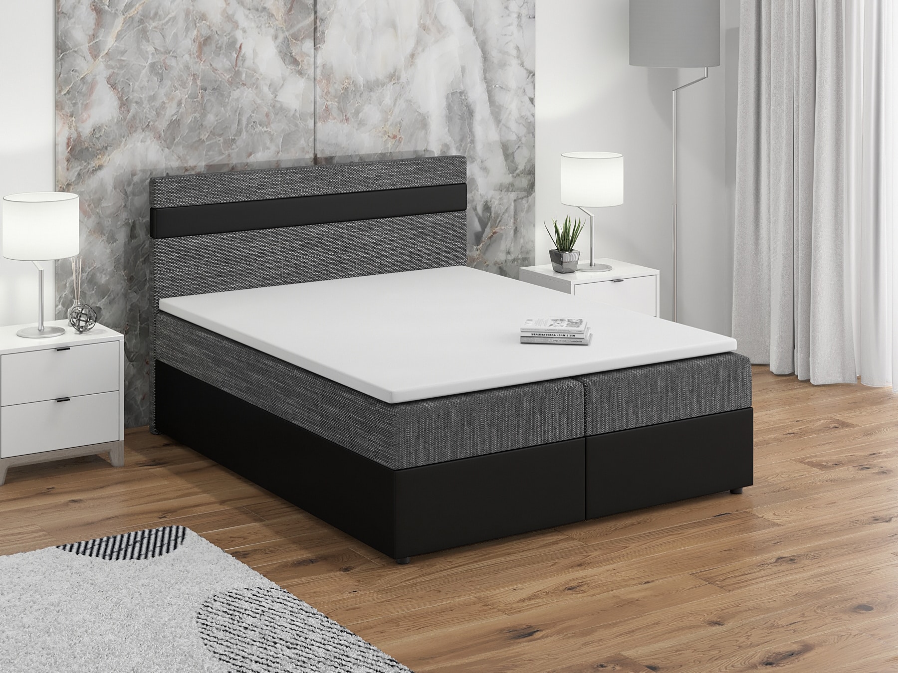 Postel boxspring MODENA 180x200 cm, šedá látka/černá ekokůže