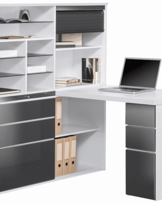 Psací stůl se širokým regálem Minioffice 9565, bílý mat/šedý lesk
