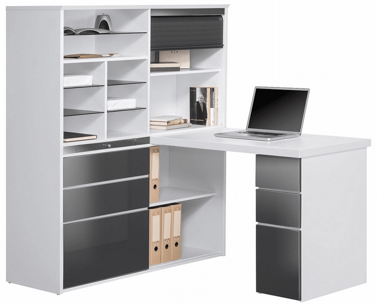 Psací stůl se širokým regálem Minioffice 9565, bílý mat/šedý lesk