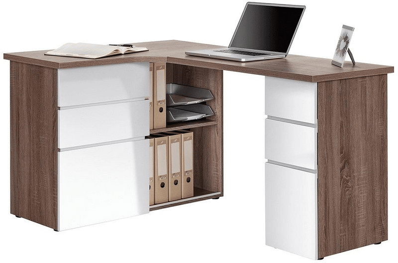 Rohový psací stůl Model 9543, dub truffel/bílý lesk