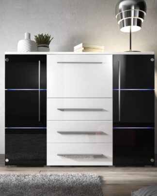 Komoda BARI s LED osvětlením, bílá/bílý lesk + černý lesk