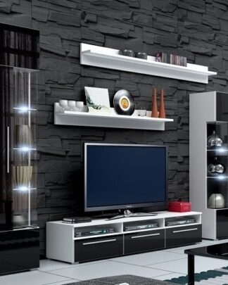Obývací stěna ROMA I s LED osvětlením, bílá/černý lesk