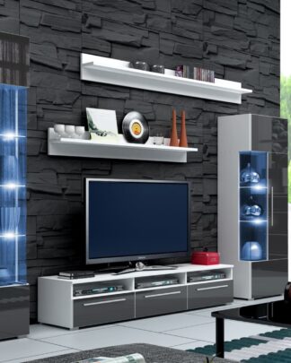 Obývací stěna ROMA I s LED osvětlením, bílá/šedý lesk