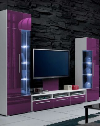 Obývací stěna ROMA II s LED osvětlením, bílá/fialový lesk
