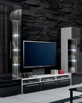 Obývací stěna ROMA II s LED osvětlením, bílá/černý lesk