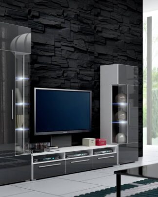 Obývací stěna ROMA II s LED osvětlením, bílá/šedý lesk