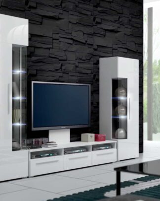 Obývací stěna ROMA II s LED osvětlením, bílá/bílý lesk