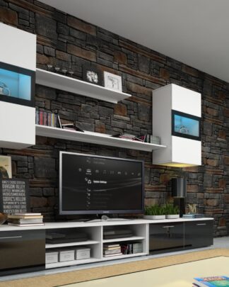 Obývací stěna OMEGA s LED osvětlením, bílá/černý lesk