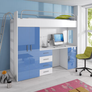Patrová postel se skříní a psacím stolem RAJ 4D, bílá/modrá
