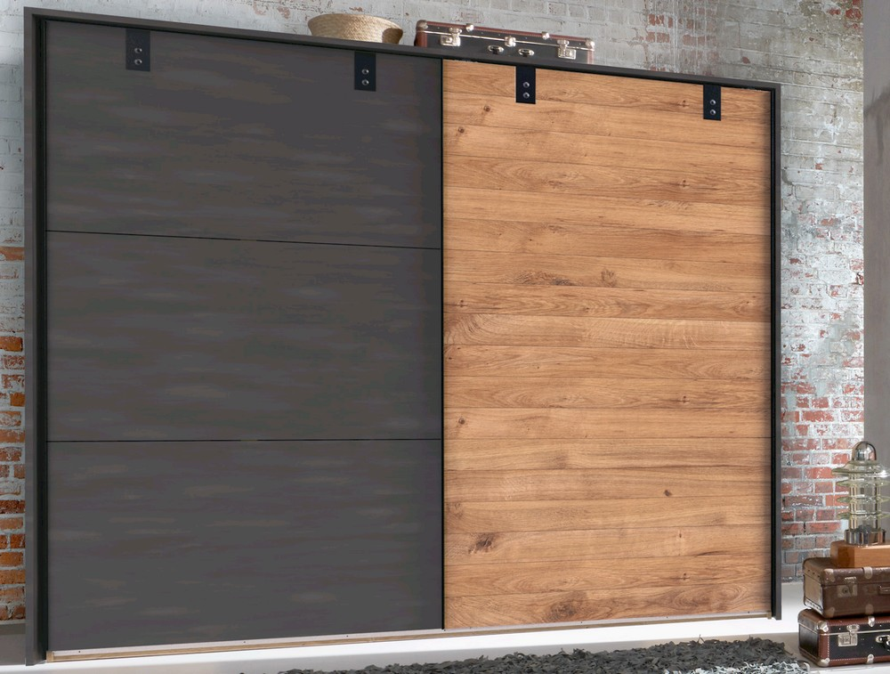 Asko Šatní skříň s posuvnými dveřmi Detroit, 250 cm, prkenný dub/antracitová ocel